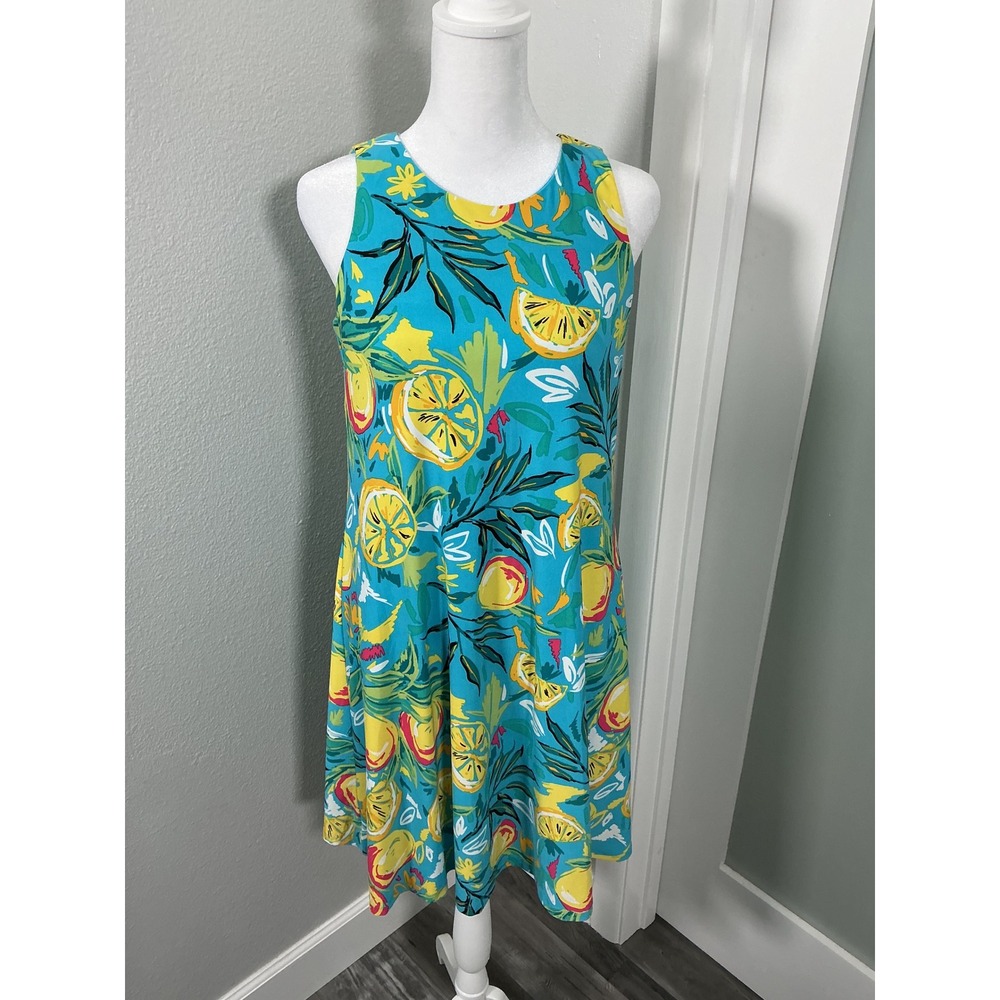 Pappagallo Lemon Print A-Line Sleeveless Dress Blue Yellow Size XS